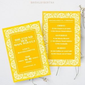 Bachelorette Template, She Found Her Main Squeeze Weekend Itinerary, Lemon, Citrus, Yellow Bach Party Schedule Invite, Instant Download