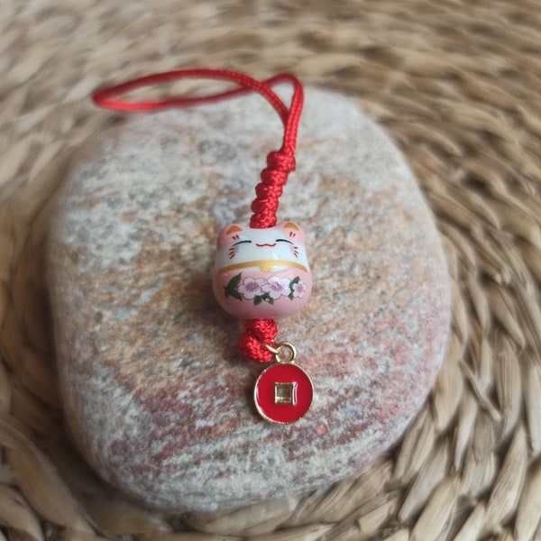 Maneki Neko ceramic lucky charm, mini lucky cat, gri-gri, talisman, to hang. Love. Rose