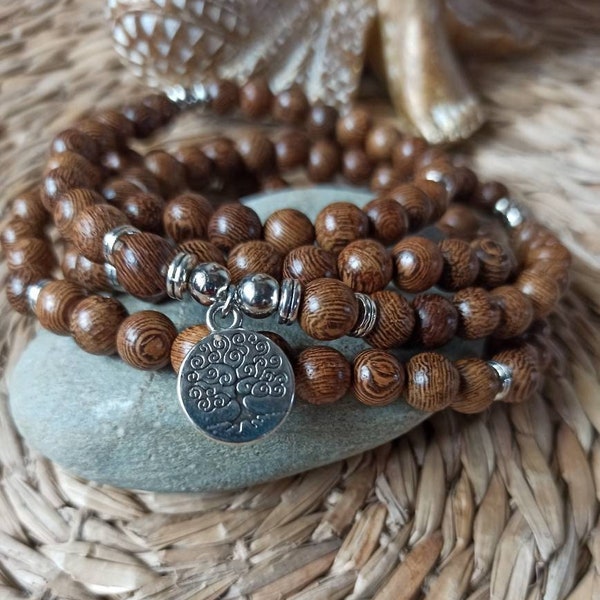 Mala en bois Wenge avec breloque Arbre de vie. Yoga, bien-être, méditation, Collier bracelet mala 108 perles, porte-bonheur, mala tibétain