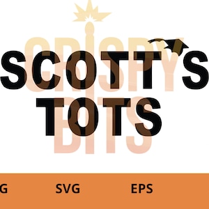 Puede incluir: Diseño gráfico de texto en blanco y negro con las palabras "Scotty's Tots" en negrita. El texto se superpone a un fondo naranja y amarillo descolorido con las palabras "Crispy Bits" en una fuente más pequeña.