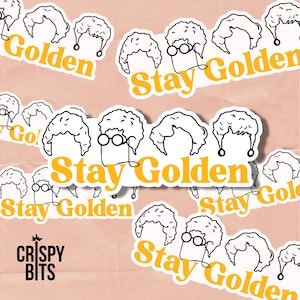 May include: A set of five stickers featuring a cartoon character with curly hair and glasses. The stickers have a white background with black outlines and yellow text that says "Stay Golden".
