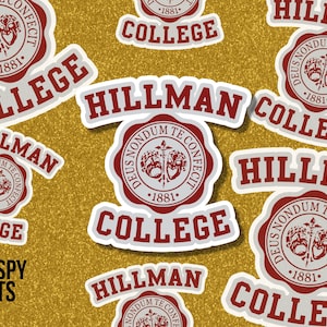 May include: A collage of red and white stickers with the text "Hillman College" and a seal with the text "Deus Nondu Te Confecit 1881".