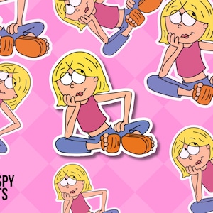 May include: A repeating pattern of a cartoon character with blonde hair, a pink top, blue pants, and orange shoes, sitting with their chin on their hand. The background is a pink diamond pattern. The logo "Crispy Bits" is in the lower left.