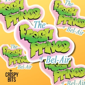 May include: Four stickers featuring the logo for the television show "The Fresh Prince of Bel-Air". The logo is in a green and yellow color scheme with the words "The Fresh Prince" in a bold, stylized font and "of Bel-Air" in a smaller, more traditional font.