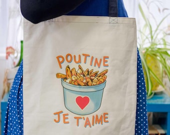 Poutine Je T'aime draagtas van katoencanvas - Handgemaakte Canadese souvenir - Poutine Lover Gift