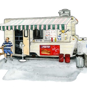 May include: A white food truck with a striped awning and a sign that says "Hot Dog". There is a person sitting at a picnic table in front of the truck.