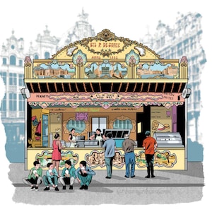 May include: An illustrated food stall with the text "Ets P. De Corte Anno 1892" and "Friten Frites". People are shown in front of the stall, and some are eating. The stall is yellow, pink, and blue.