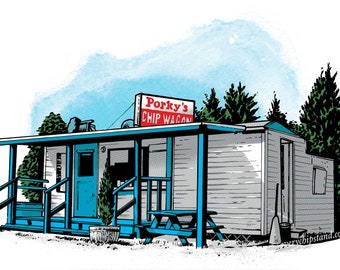 Porky's Chip Wagon - Coniston, Ontario - Archiefdruk van 8,5 x 11 inch van Chip Stand by Every Chip Stand, Canadees landschap