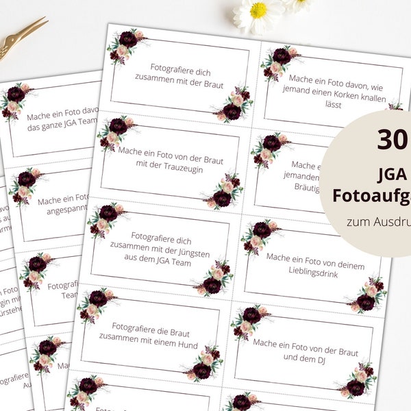 30 photo tasks JGA to print out, hen party game, roses burgundy, immediate download, PDF, A4, design 03