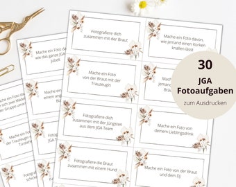 30 tareas fotográficas JGA para imprimir, juego de despedida de soltera boho, descarga instantánea, PDF, A4, diseño 01