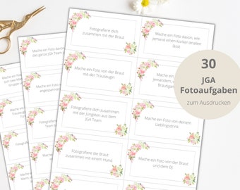 30 photo tasks JGA to print out, hen party game, instant download, pink roses, PDF, A4, design 02