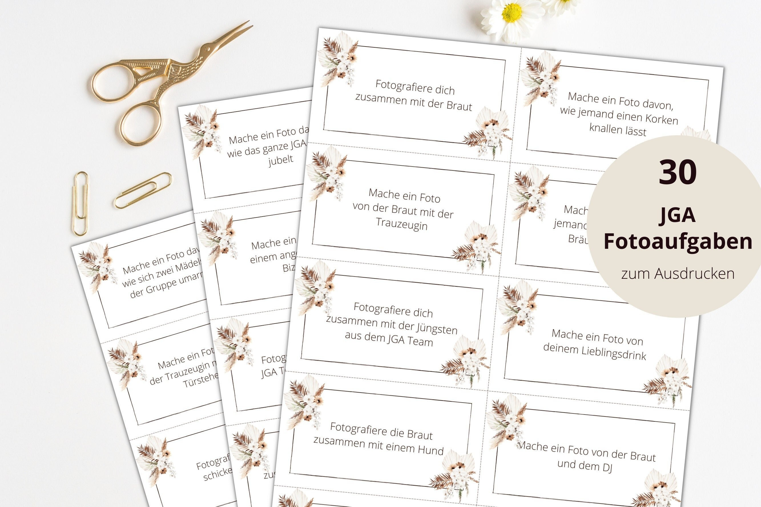 30 Fotoaufgaben JGA zum Ausdrucken, Junggesellinnenabschied Spiel Boho