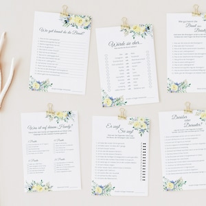 JGA Games Set to Print, Six Game Templates, Hen Party Games Set, Instant Download, PDF, A4, yellow roses, Design 05