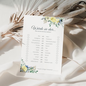 May include: A printable bridal shower game with a floral design in shades of yellow and blue. The game asks "Would she rather..." and lists a series of questions with two choices each.  The game is designed to help guests learn more about the bride.