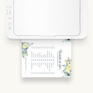 May include: A printable game card with a floral design in shades of blue and yellow. The text on the card reads "Would she rather..." followed by a list of questions.