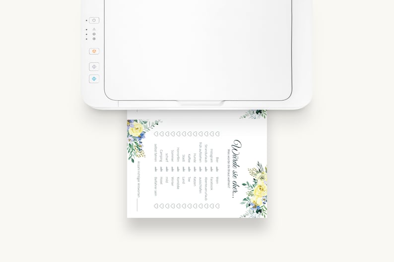 May include: A printable game card with a floral design in shades of blue and yellow. The text on the card reads "Would she rather..." followed by a list of questions.