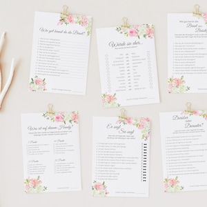 JGA Games Set for printing, six games templates, hen party games set, instant download, PDF, A4, roses pink, design 02