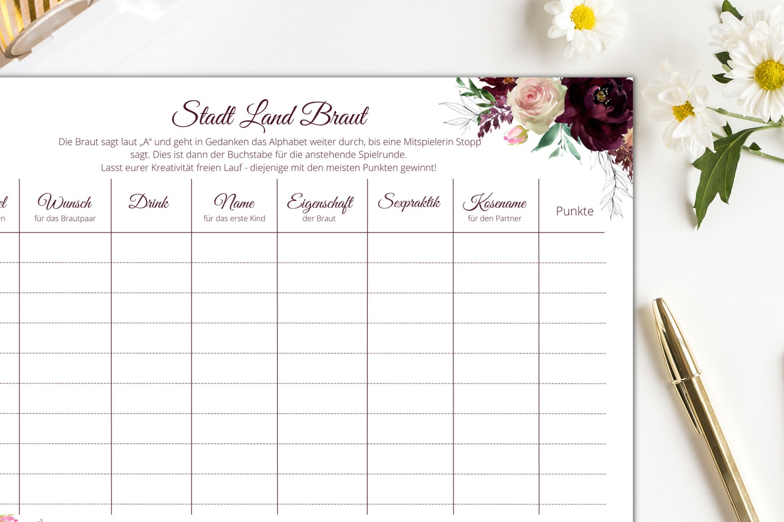 Stadt Land Braut JGA Spiel zum Ausdrucken - Etsy.de