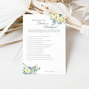 May include: A printable game card with a floral design and the text "Wie gut kennt die Braut den Br&auml;utigam?"  The card includes a list of questions to ask the groom about the bride.