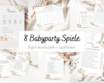 Puede incluir: Ocho juegos de baby shower imprimibles con diseños florales. Los juegos incluyen "Baby Ratespiel", "Stutt Land Baby", "Wirde sie eher", "Darüber oder Darunter", "Der Preis ist heiß", "Mama sagt Papa sagt", "Wie gut kennst du die werdende Mama?" y "Baby Bingo".