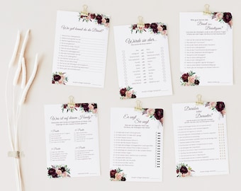 JGA game set to print out, six game templates, hen party game set, instant download, PDF, A4, wine red, design 03