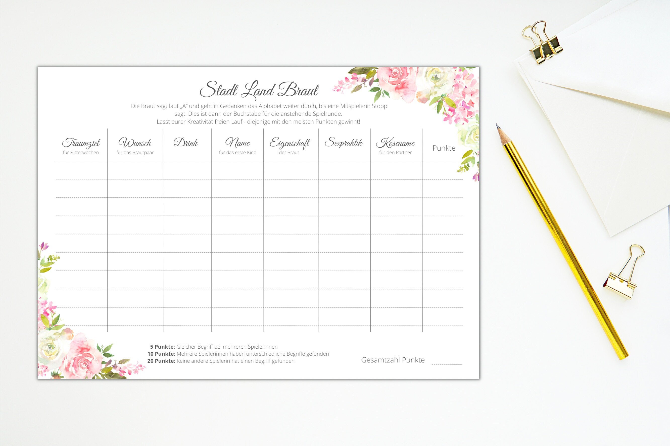 Stadt Land Braut, JGA Spiel zum Ausdrucken, Junggesellinnenabschied