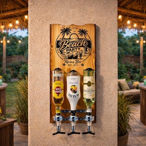 May include: Wooden beach bar sign with three liquor dispensers. The sign reads "Beach Party" with palm trees and "Kevin's Bar Est. 2024". The dispensers hold bottles of rum, Malibu, and wine.