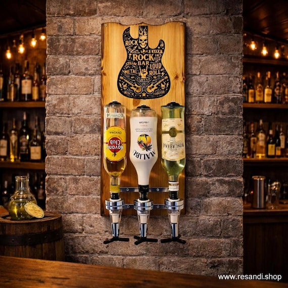 Rock Bar Butler Getränkespender | Spirituosenspender aus Holz für 3 Flaschen | Whiskey Bar Deko | Geschenk für Rockfans