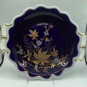 Vintage WEIMAR COBALT BLUE And Gold Porcelain Twin Handled Serving Dish.  Sybille 447.  Weimar Crown & Wrath Mark.  Pre-War Porcelain Ware.