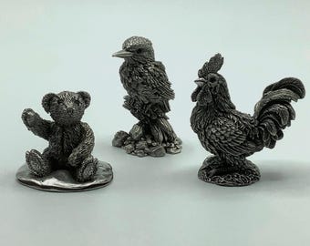 Vintage 1994 ROYAL SELANGOR Pewter Figurines.  Teddy Bear, Kingfisher, Rooster.  Sold Separately.