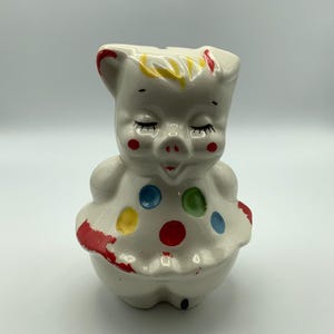 Vers 1937-1961 POTERIE SHAWNEE.  Tirelire cochon à pois avec bouchons en liège.  vintage, objet de collection, épuisé.
