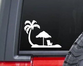 Palm Tree & Umbrella on the Beach Waterproof Sticker | Vinyl Decal | for Phone | Laptop | Tablet | Water Bottle | Tumbler | Car Window