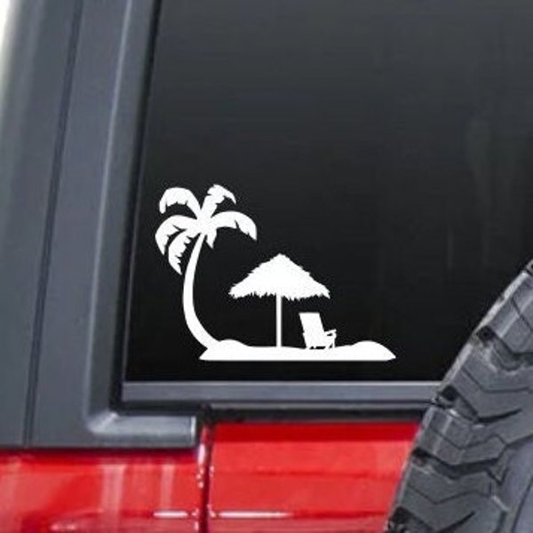 Palm Tree & Umbrella on the Beach Waterproof Sticker | Vinyl Decal | for Phone | Laptop | Tablet | Water Bottle | Tumbler | Car Window