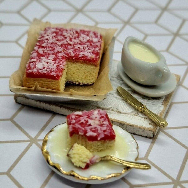 Traditional/ Nostalgic "Old School" Jam and Coconut Tray Bake - Dolls House Miniature Food - Cake for Doll House 1:12 Scale, Handmade