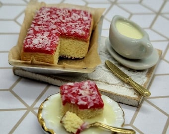 Traditional/ Nostalgic "Old School" Jam and Coconut Tray Bake - Dolls House Miniature Food - Cake for Doll House 1:12 Scale, Handmade