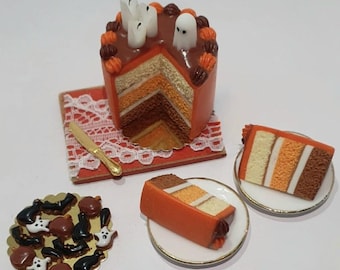 Halloween Cute Ghost Cake with Iced Cookies - Dolls House Miniature Food - Cake for Doll House 1:12 Scale - Made in the UK