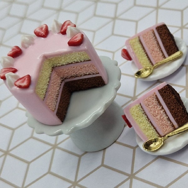 Strawberry Neopolitan Sponge Layer Cake - Dolls House Miniature Food - Cake for Doll House 1:12 Scale - Made in the UK