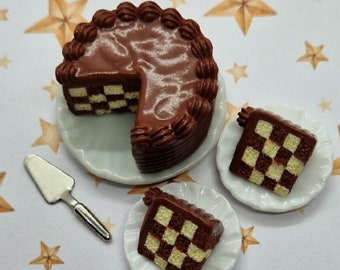 Chocolate & Vanilla Checkerboard Cake - Dolls House Miniature Food - Cake/Confectionary Item for Dolls House 1:12 Scale - Handmade