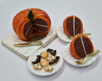 Handmade Halloween Miniature Pumpkin Cake & Iced Cookies - 1:12 Scale Dolls House Food