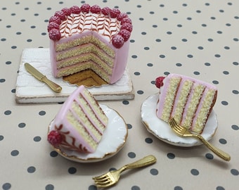 UNIQUE Raspberry Iced Layer Cake - Dolls House Miniature Food - Cake/ Confectionery Item for Doll House 1:12 Scale made from Polymer Clay