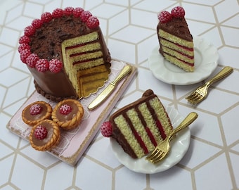 Dolls House Miniature Chocolate Raspberry Cake & Tarts - 1:12 Scale
