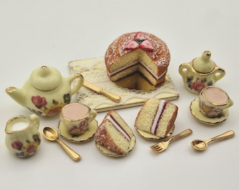 Miniature Tea Set for Two – Polymer Clay Victoria Sponge Cake, 1:12 Scale