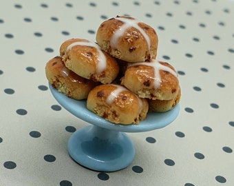 Hot Cross Buns on Stand - Dolls House Miniature Easter Food - Cake for Doll House 1:12 Scale - Handmade in the UK