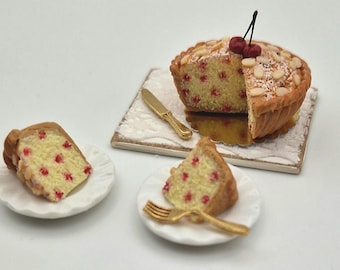 UNIQUE Cherry Frangipane Tart - Dolls House Miniature Food - Cake/ Confectionery Item for Doll House 1:12 Scale made from Polymer Clay