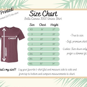 May include: Size chart for Bella Canvas 3001 unisex t-shirts. The chart shows chest and height measurements in inches for sizes XS to 4XL. The chart also includes notes about the fit of the shirts, such as "True to size" and "Soft, premium shirt!"