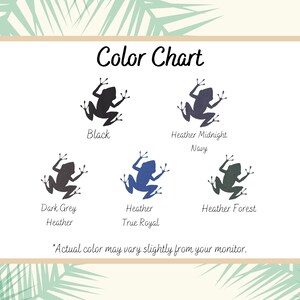 May include: Color chart showing five different shades of frog silhouettes. The colors are black, heather midnight navy, dark grey heather, heather true royal, and heather forest.