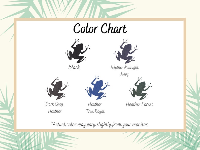 May include: Color chart showing five different shades of frog silhouettes. The colors are black, heather midnight navy, dark grey heather, heather true royal, and heather forest.