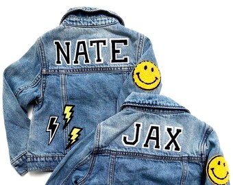 Custom Patched Kids Denim Jacket, Sewn on Patches, Cool Kids denim, Patched Jacket, Happy Face Jacket