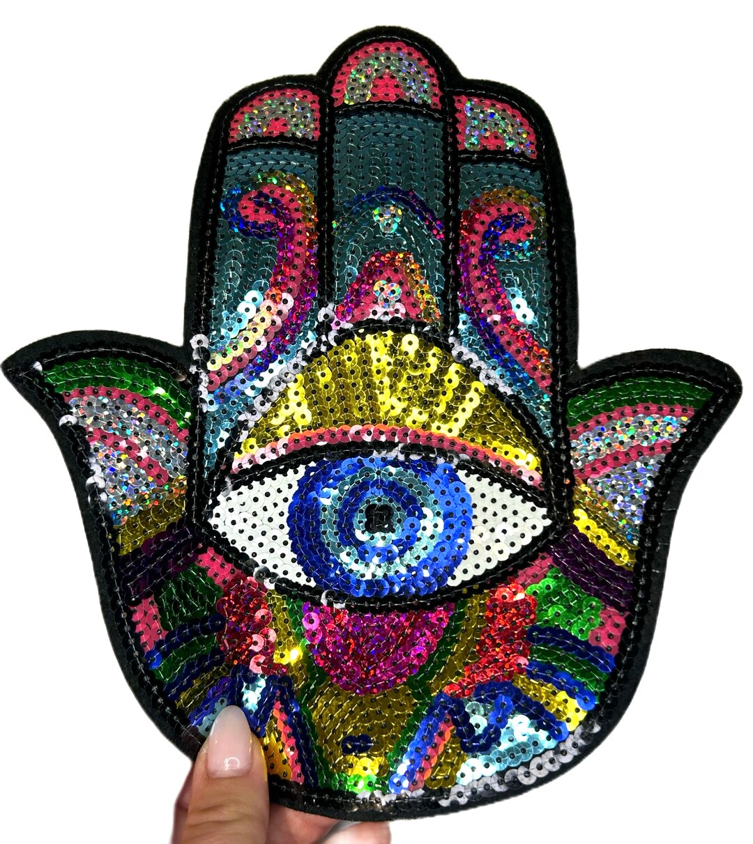 Oversized Colorful Hamsa Evil Eye Iron on Sequin Sewing Patch, Sequin Patch, Cool Patches, High