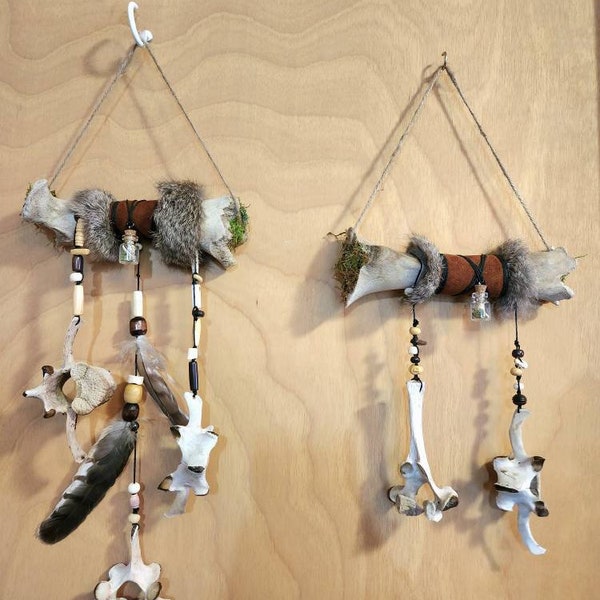 Bone totem, bone chime, cow bones, animal bones, rabbit fur, bone decor, bone wall hanging, taxidermy wall piece, leather art